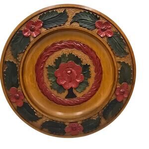 Vintage Folk Art Wooden Carved Plate Floral Hand-Painted Red Green Black Forest